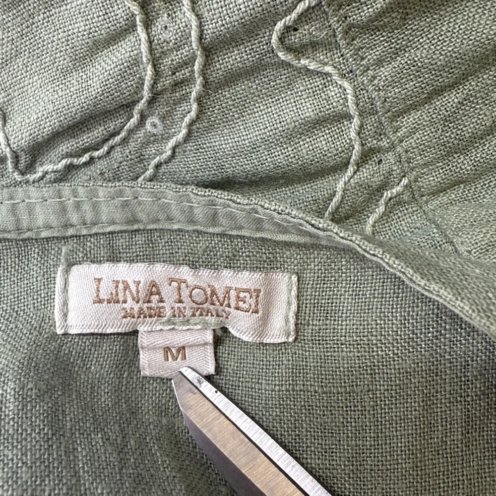 Lana Tomei Linen dress made in Italy sleeveless embroidered sage green classic